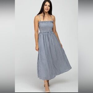 Navy Blue Checkered Square Neck Smocked Maternity Midi Dress